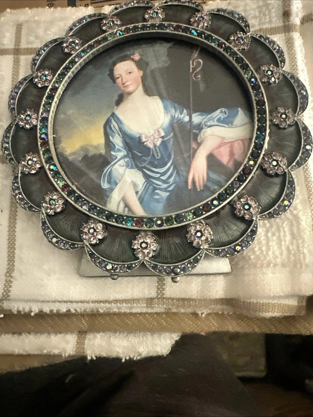 Jay Strongwater Jeweled Portrait Brooch in Silver & Blue